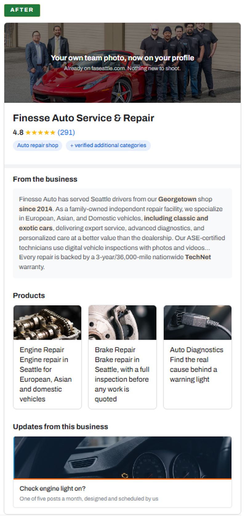 The same profile rebuilt, with products, updates and verified categories
